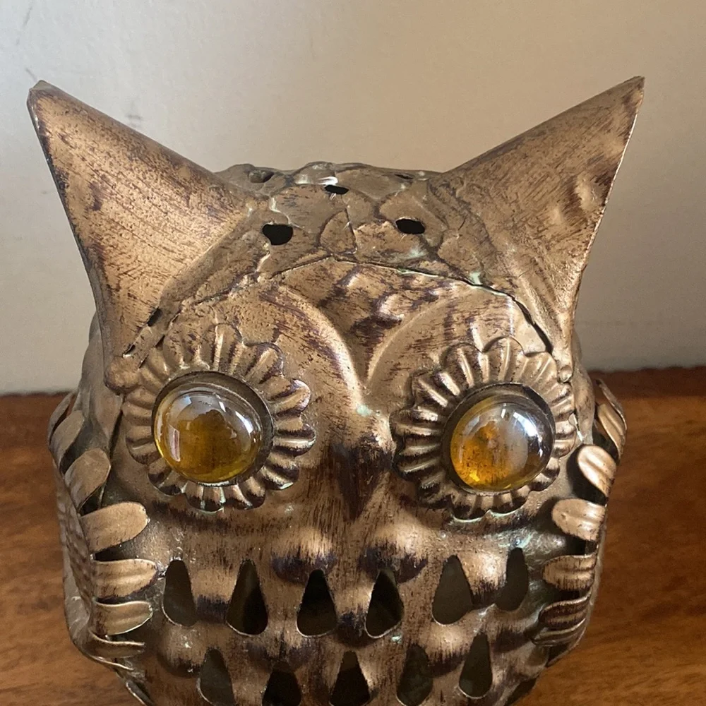 Vintage Pier 1 Rustic Gold Bronze Owl Tealight Candle Holder 7”